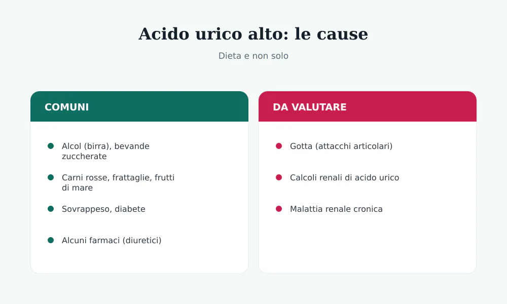 Cause dell'acido urico alto: alcol, carni rosse, frutti di mare, sovrappeso, diuretici