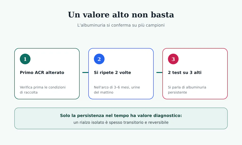 Percorso di conferma dell'albuminuria: primo campione alterato, ripetizione due volte in 3-6 mesi, due test su tre alti