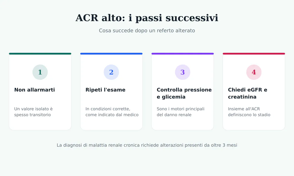Quattro passi da seguire dopo un referto ACR alterato: non allarmarsi, ripetere l'esame, controllare pressione e glicemia, chiedere eGFR