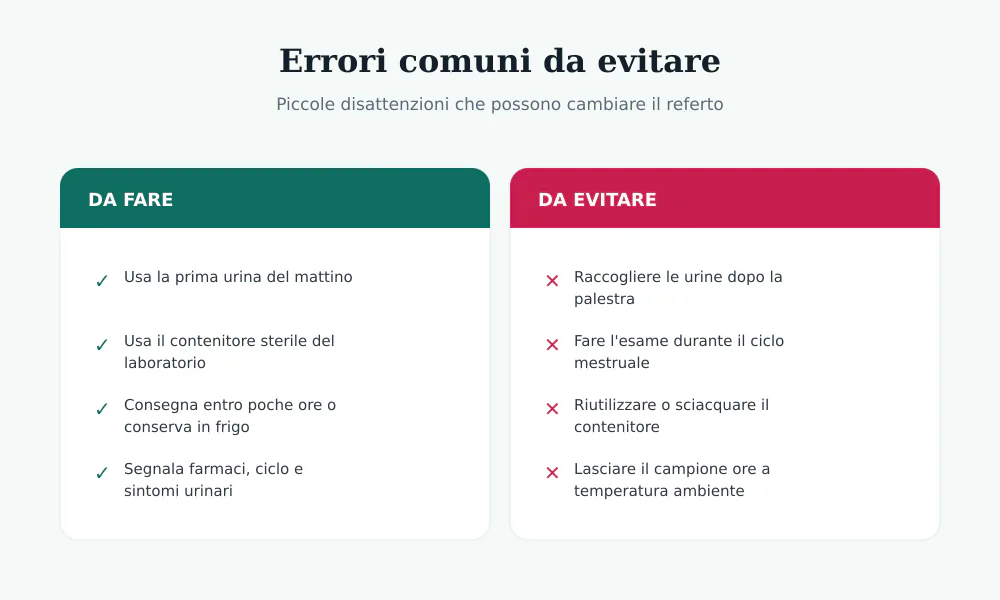 Due colonne a confronto con i comportamenti corretti e gli errori da evitare nella raccolta delle urine per l'ACR
