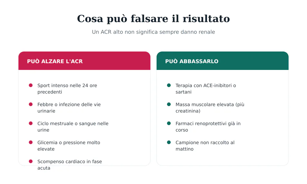 Elenco dei fattori che possono alzare o abbassare il rapporto albumina creatinina indipendentemente dal danno renale