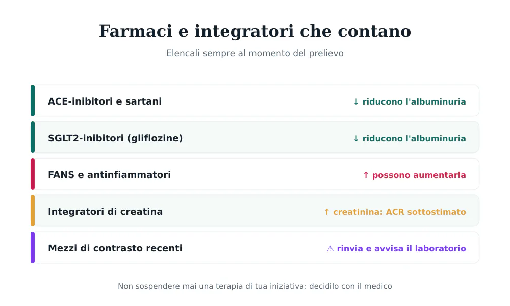 Tabella dei farmaci e integratori che influenzano il rapporto albumina creatinina, con l'effetto atteso su ciascuno