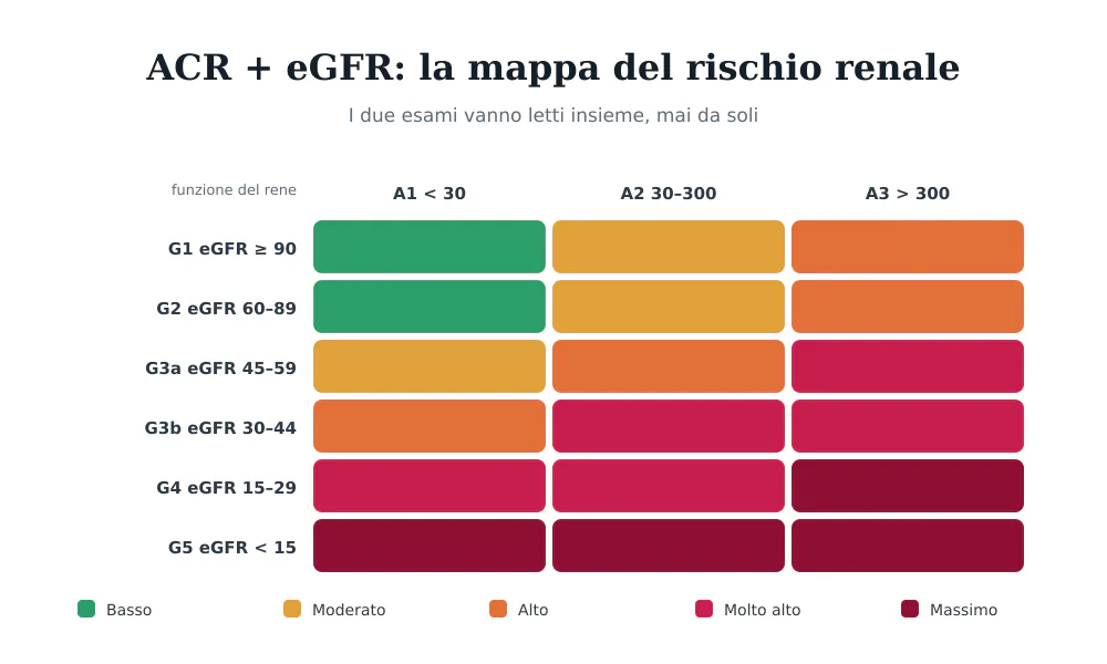 Griglia del rischio renale che incrocia le categorie di filtrato glomerulare G1-G5 con le categorie di albuminuria A1-A3