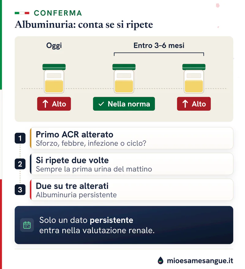 Tre vasetti di urina in 3–6 mesi, il primo e il terzo segnati alti, che portano alla conclusione di albuminuria persistente