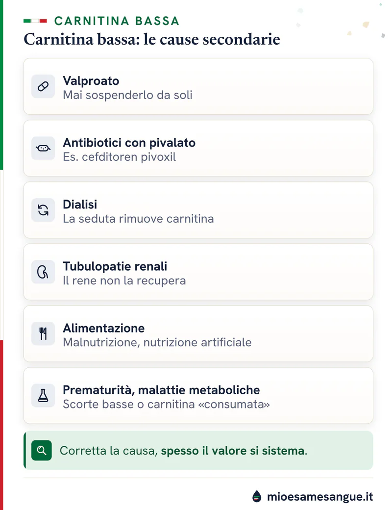 Sei schede sulle cause della carnitina bassa: valproato, antibiotici con pivalato, dialisi, reni, alimentazione, prematurità