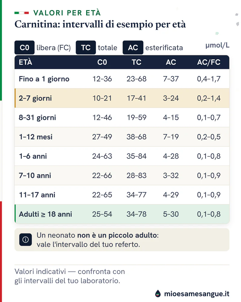 Tabella della carnitina per età con libera, totale, esterificata e rapporto AC/FC, dal primo giorno di vita agli adulti