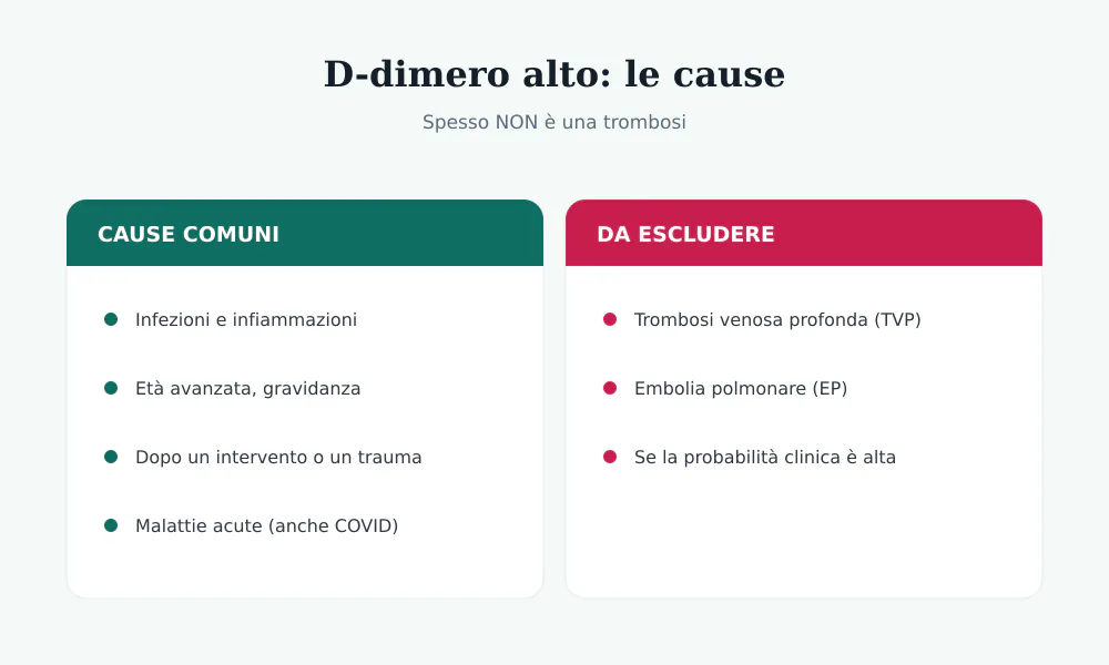 Cause del D-dimero alto: comuni reattive (infezioni, età, gravidanza, interventi) e da escludere (trombosi venosa profonda, embolia polmonare)
