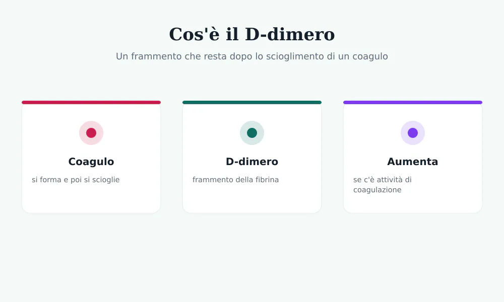 Schema del D-dimero: un coagulo di fibrina si forma e poi si scioglie liberando frammenti di D-dimero nel sangue