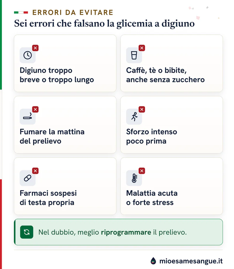 Sei tessere con croce: digiuno sbagliato, caffè o bibite, fumo, sforzo, farmaci sospesi e malattia prima della glicemia