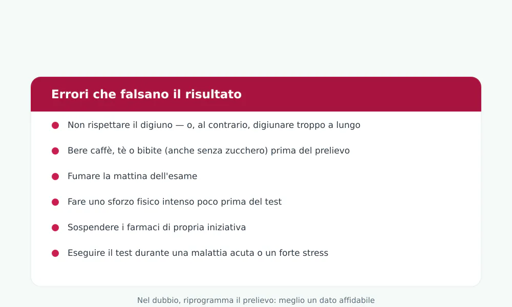 Elenco degli errori che alterano la glicemia a digiuno: digiuno non rispettato, caffè, fumo, sforzo fisico, sospensione dei farmaci, malattia in corso