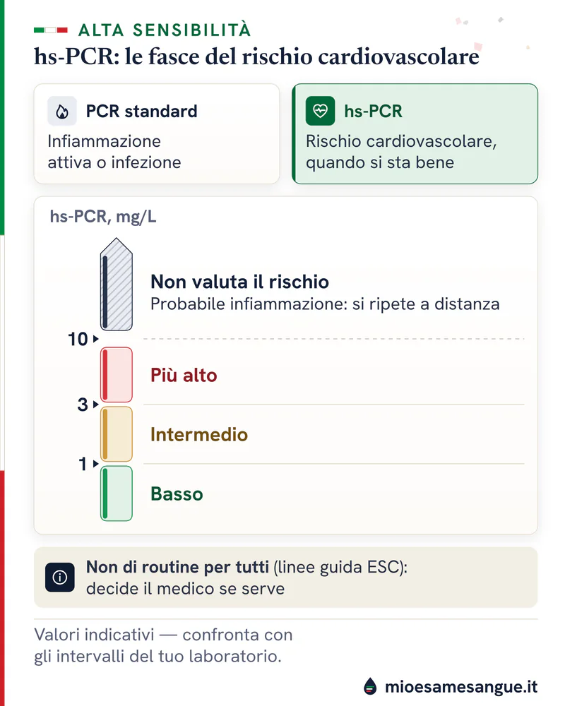 Schede PCR standard e hs-PCR, scala in mg/L: rischio basso sotto 1, intermedio 1–3, più alto oltre 3, oltre 10 da ripetere