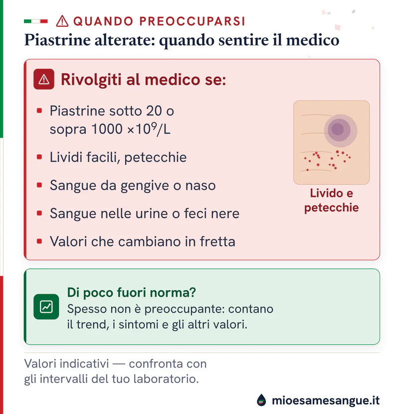 Riquadro rosso con i segnali delle piastrine alterate e pelle con livido e petecchie, sopra un pannello verde rassicurante