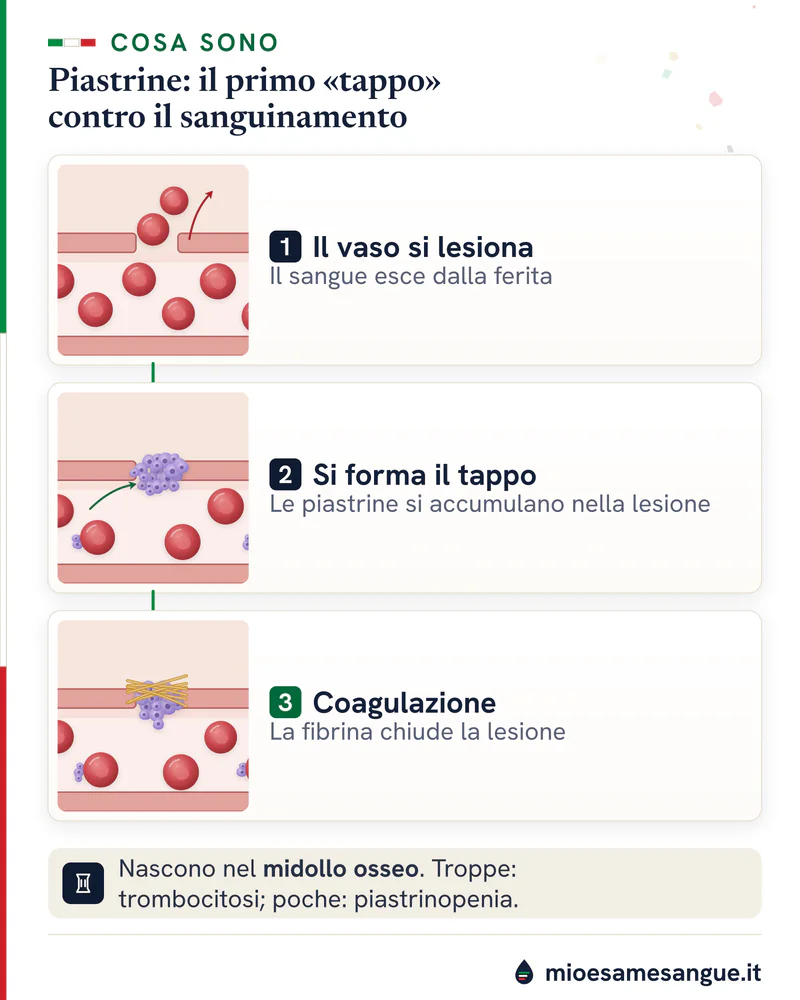 Tre riquadri di un vaso: lesione della parete, piastrine che si accumulano a tappo e fibrina della coagulazione che la chiude
