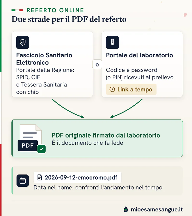 Due strade verso il referto in PDF: Fascicolo Sanitario con SPID o CIE e portale del laboratorio con codice e password