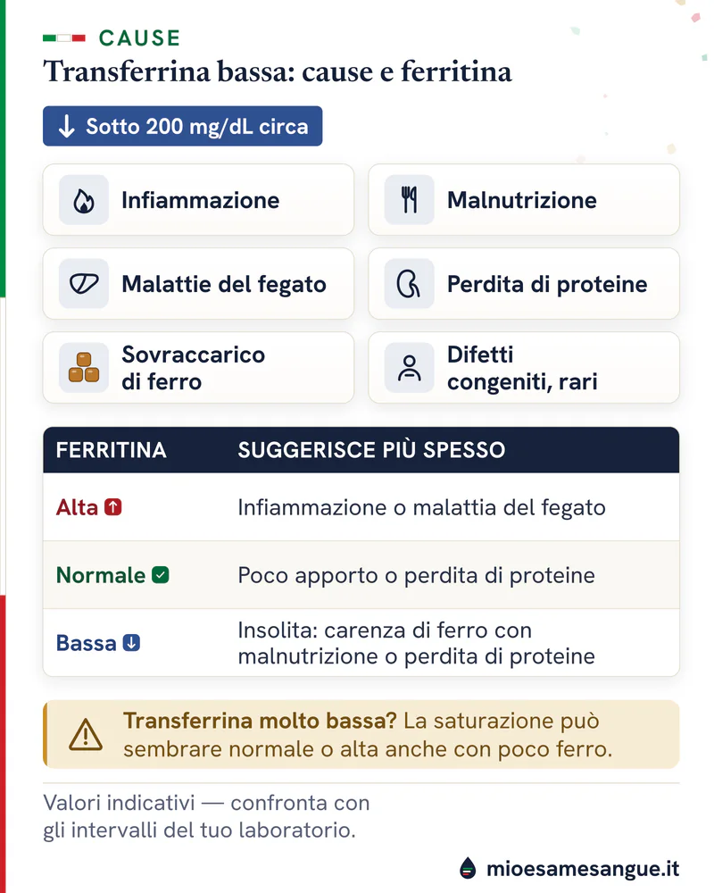 Sei schede con le cause della transferrina bassa, tabella con ferritina alta, normale o bassa e avviso sulla saturazione