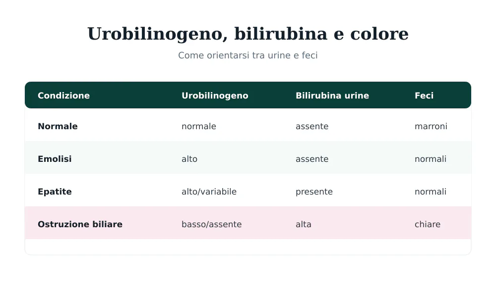 Tabella che mette in relazione urobilinogeno, bilirubina nelle urine e colore di urine e feci nelle condizioni normale, emolisi, epatite e ostruzione biliare