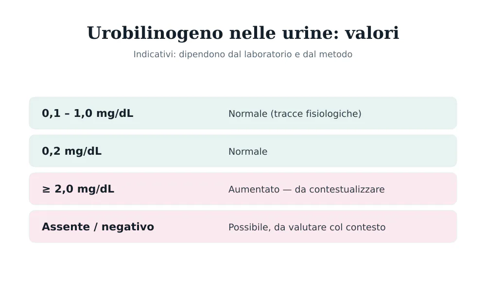 Tabella dei valori dell'urobilinogeno nelle urine: 0,1-1,0 mg/dL normale, 0,2 mg/dL normale, oltre 2,0 mg/dL aumentato, assente da valutare